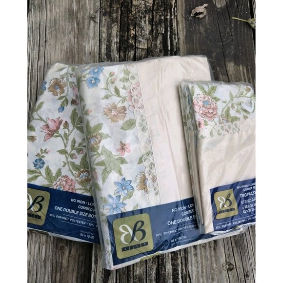 Vintage Bibb Double Full Fitted Flat 2 Pillow Sheet Set Tapestry Rose Floral New - Picture 1 of 10